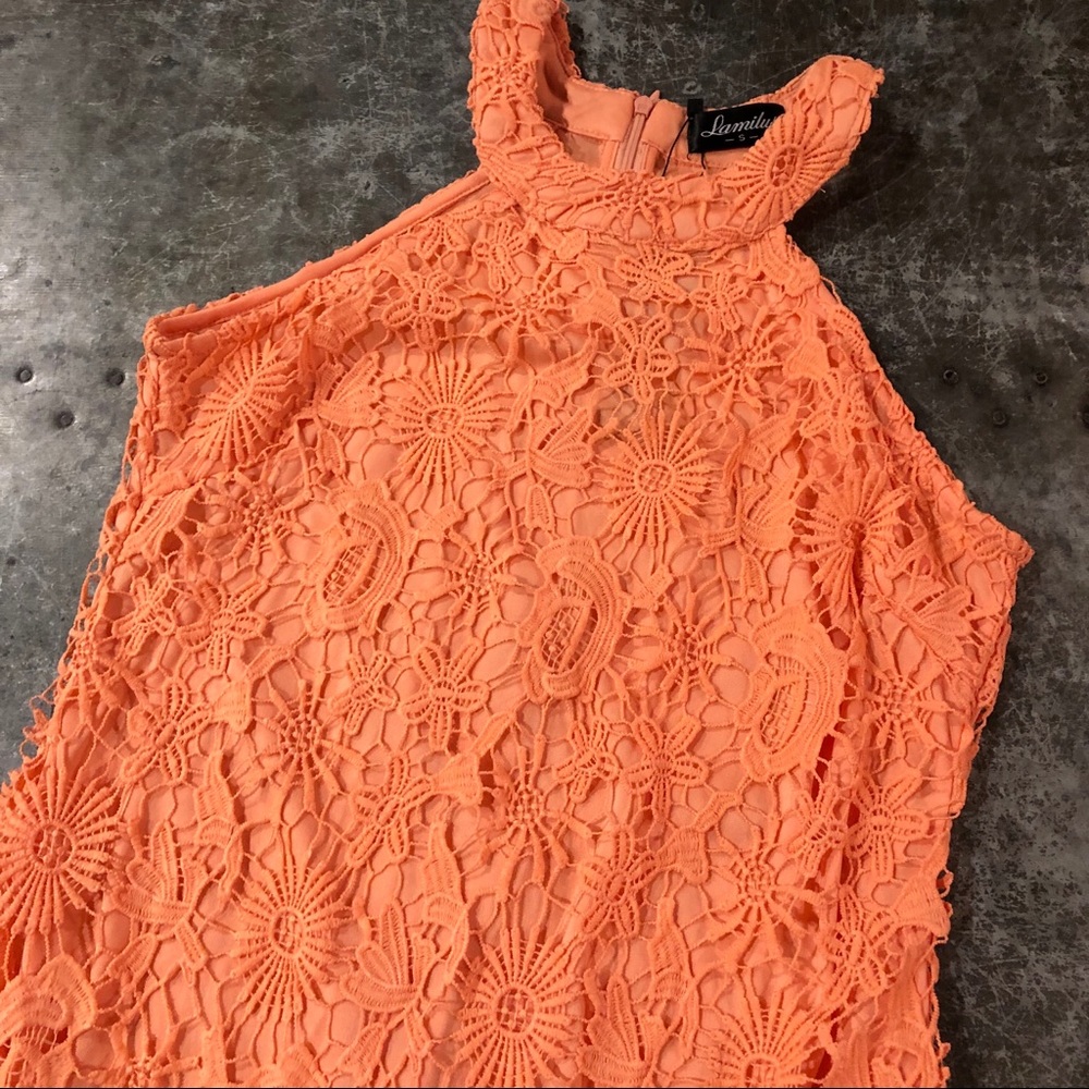 Coral Crochet Lace Halter Bodycon Mini Dress - Picture 8 of 9